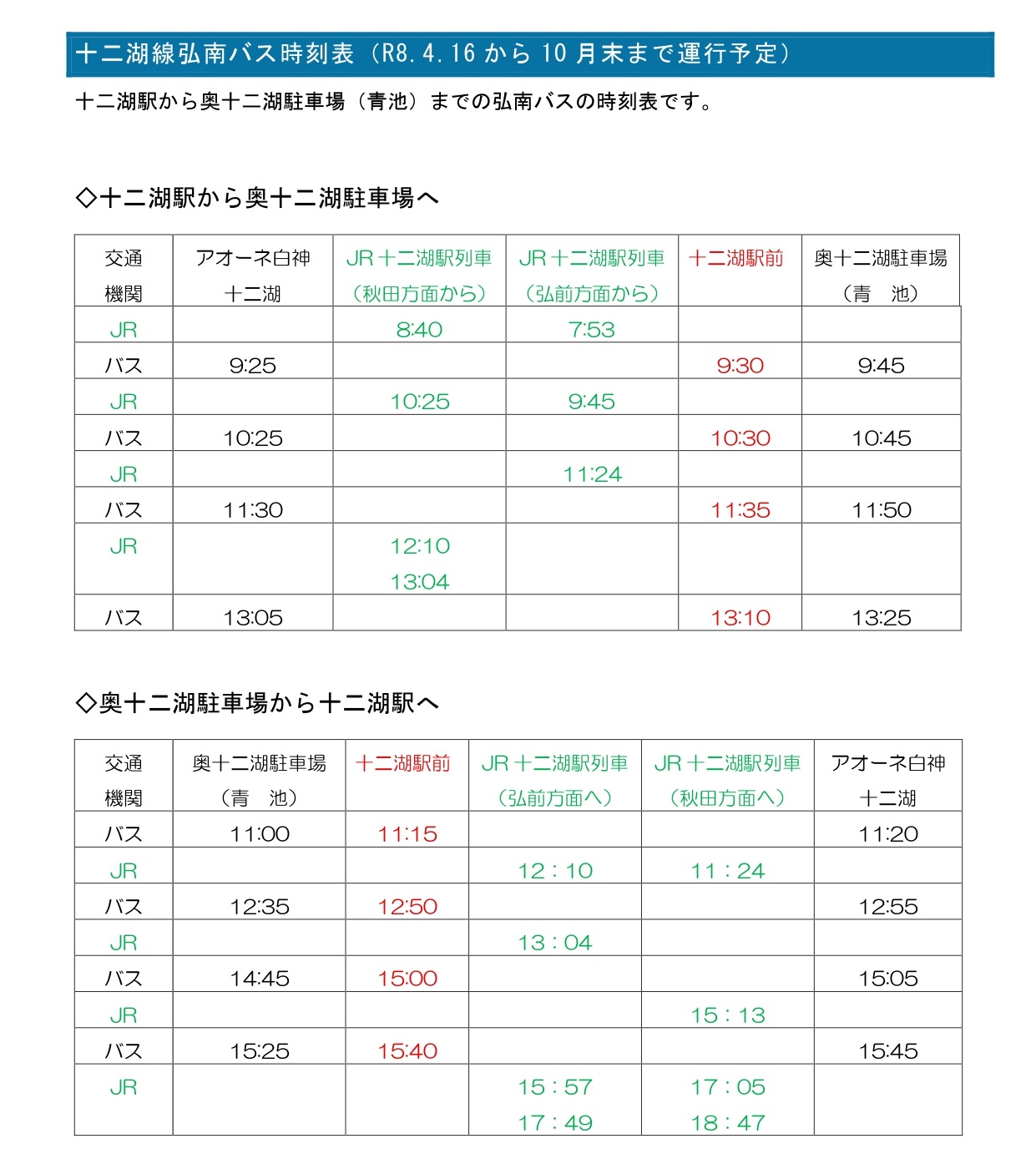十二湖線弘南バス時刻表